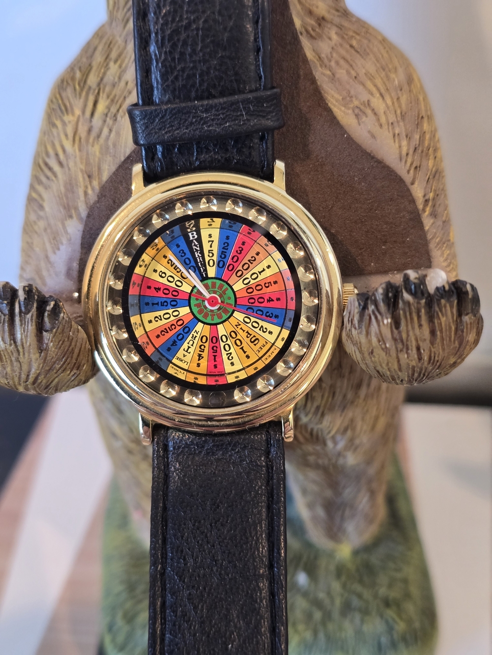 Vintage Women's Gold-Tone Wheel Of Fortuns Styl Dial and Black Strap
